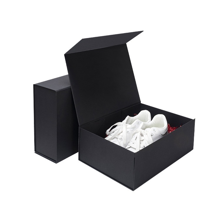 Custom Logo Folding Gift Box Magnetic Closure Black Flap Ribbon Embossed Waterproof for Packaging Shoe for Cardboard Paper